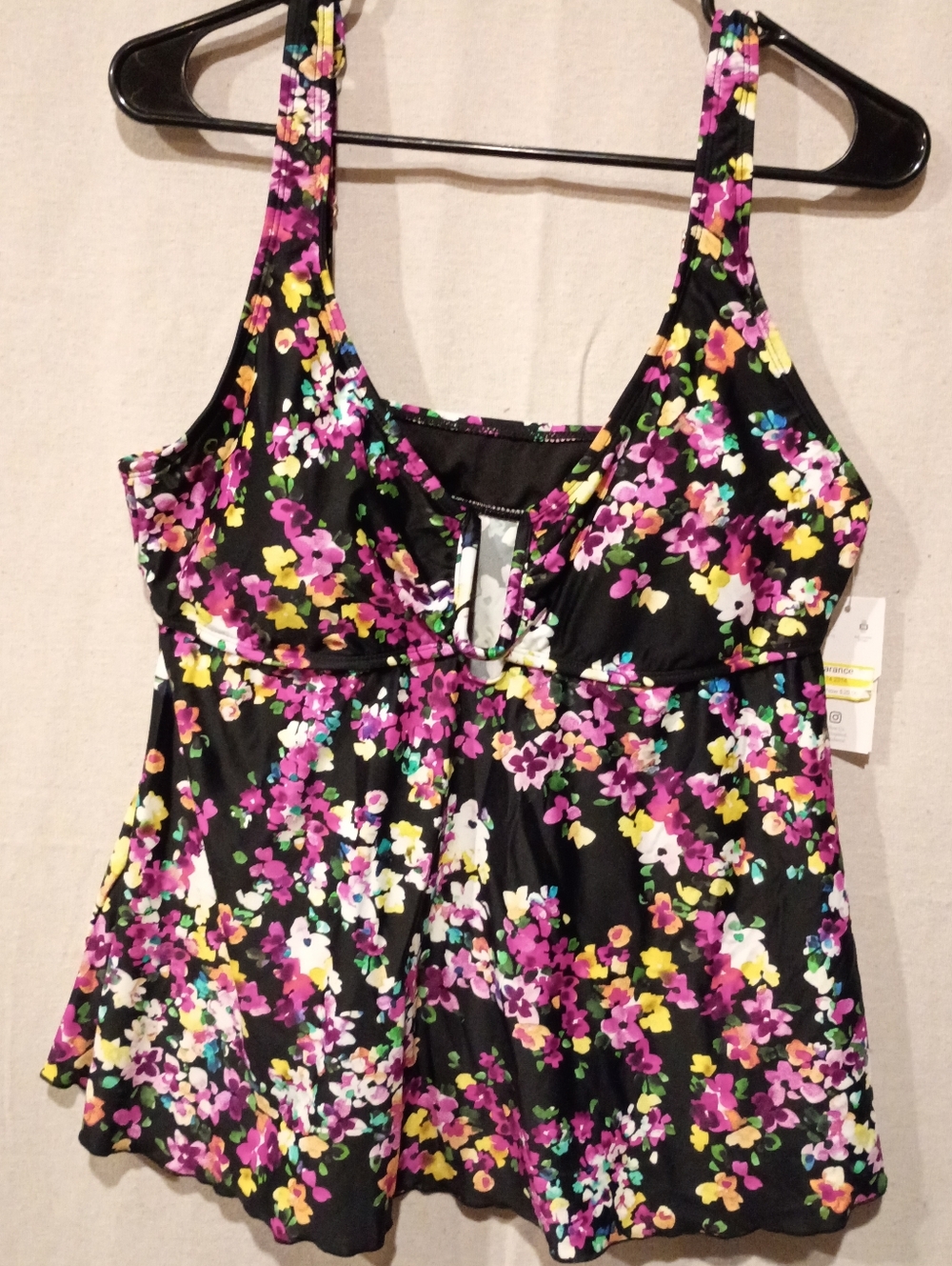 Floral Black Sz.14s Swim Tank Top with Pink & Yellow Blossoms